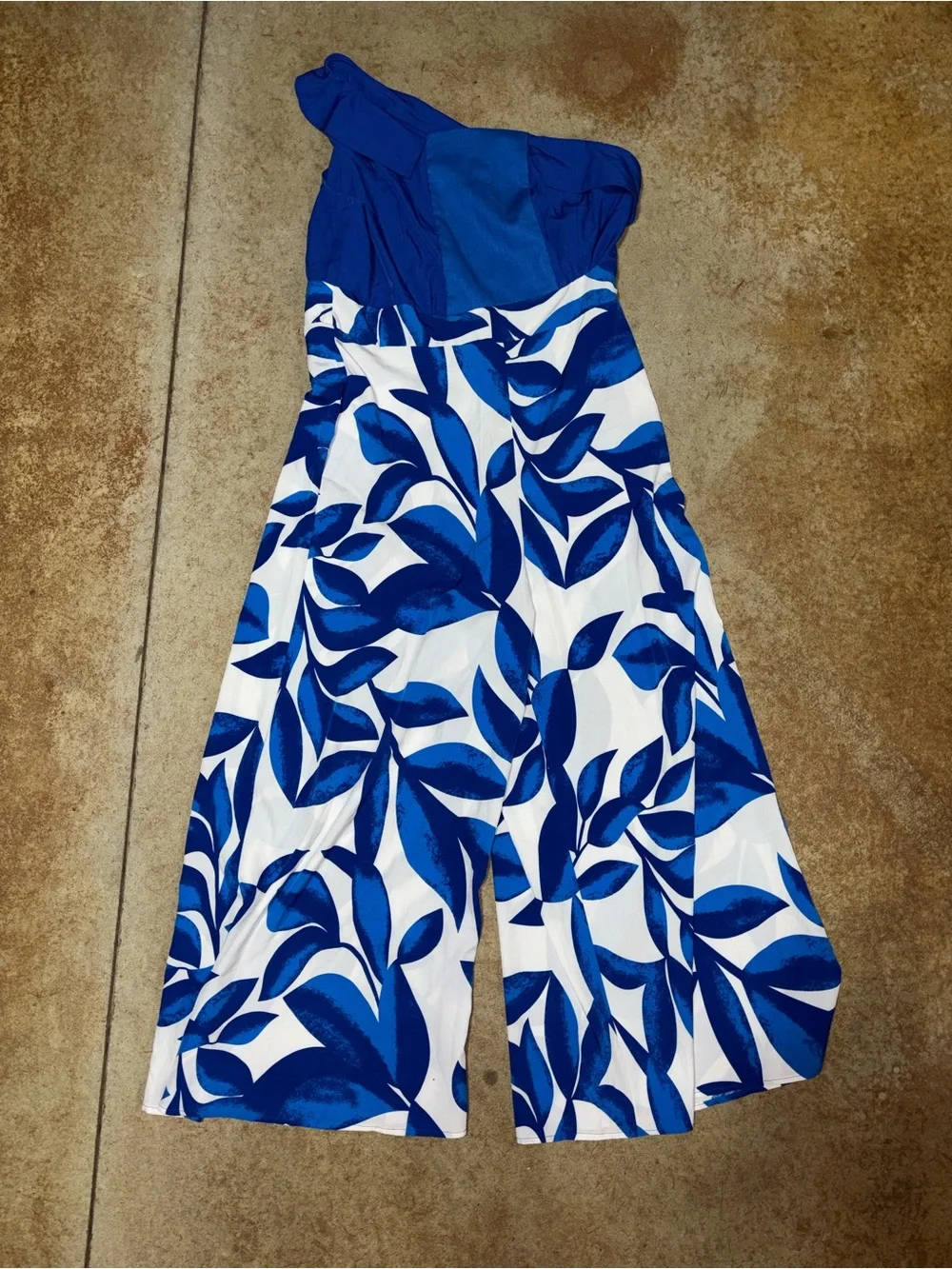 Strapless Blue & White Tropical Print Jumpsuit